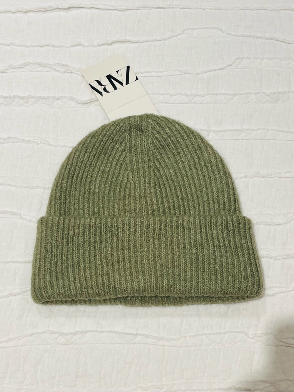 NWT Zara Olive Green Ribbed Folded Cuff Beanie